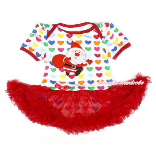 Xmas Rainbow Heart Baby Bodysuit Jumpsuit Red Pettiskirt with Gift Bag Santa Claus Print JS1669 