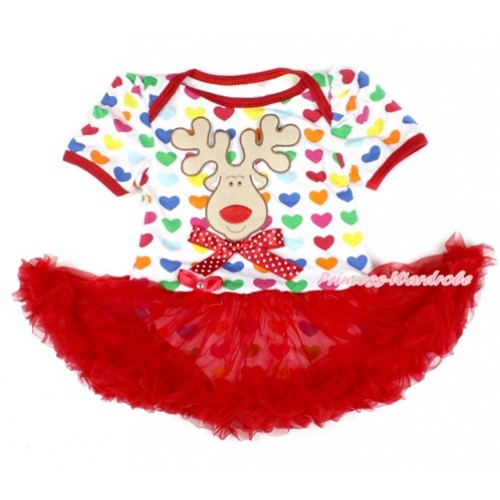 Xmas Rainbow Heart Baby Bodysuit Jumpsuit Red Pettiskirt with Christmas Reindeer Print & Minnie Dots Bow JS1674 