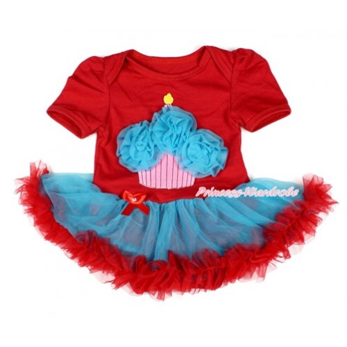 Hot Red Baby Bodysuit Jumpsuit Peacock Blue Red Pettiskirt with Peacock Blue Rosettes Birthday Cake Print JS1676 