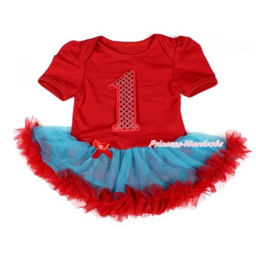 Hot Red Baby Bodysuit Jumpsuit Peacock Blue Red Pettiskirt with 1st Sparkle Red Birthday Number Print JS1678 