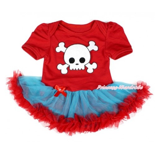 Halloween Hot Red Baby Bodysuit Jumpsuit Peacock Blue Red Pettiskirt with White Skeleton Print JS1689 