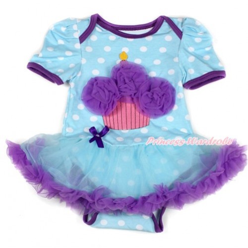 Light Blue White Dots Baby Bodysuit Jumpsuit Light Blue Dark Purple Pettiskirt with Dark Purple Rosettes Birthday Cake Print JS1695 