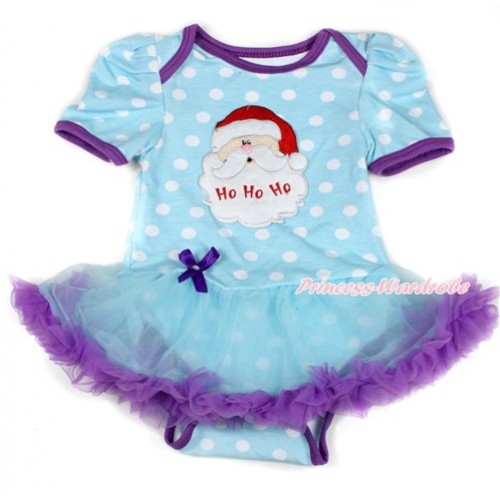 Xmas Light Blue White Dots Baby Bodysuit Jumpsuit Light Blue Dark Purple Pettiskirt with Santa Claus Print JS1696 