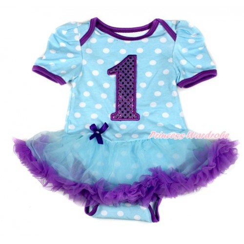 Light Blue White Dots Baby Bodysuit Jumpsuit Light Blue Dark Purple Pettiskirt with 1st Sparkle Dark Purple Birthday Age Print JS1700 