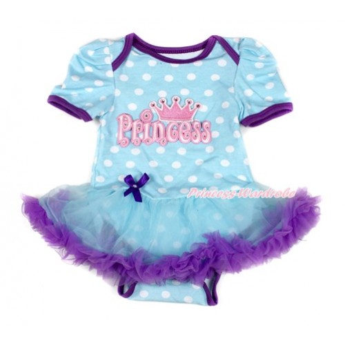 Light Blue White Dots Baby Bodysuit Jumpsuit Light Blue Dark Purple Pettiskirt with Princess Print JS1704 