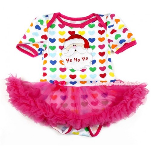 Xmas Rainbow Heart Baby Bodysuit Jumpsuit Hot Pink Pettiskirt with Santa Claus Print JS1710 