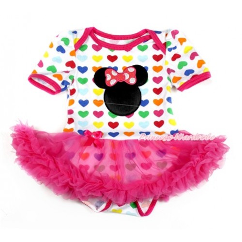 Rainbow Heart Baby Bodysuit Jumpsuit Hot Pink Pettiskirt with Hot Pink Minnie Print JS1711 