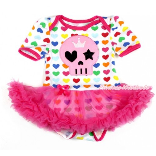 Halloween Rainbow Heart Baby Bodysuit Jumpsuit Hot Pink Pettiskirt with Light Pink Skeleton Print JS1712 