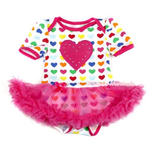 Rainbow Heart Baby Bodysuit Jumpsuit Hot Pink Pettiskirt with Hot Pink Heart Print JS1714 