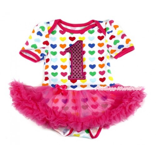 Rainbow Heart Baby Bodysuit Jumpsuit Hot Pink Pettiskirt with 1st Sparkle Hot Pink Birthday Number Print JS1715 