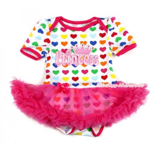 Rainbow Heart Baby Bodysuit Jumpsuit Hot Pink Pettiskirt with Princess Print JS1717 