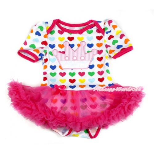 Rainbow Heart Baby Bodysuit Jumpsuit Hot Pink Pettiskirt with Crown Print JS1718 