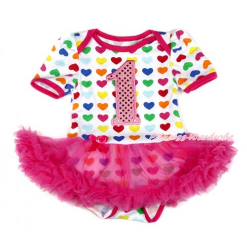 Rainbow Heart Baby Bodysuit Jumpsuit Hot Pink Pettiskirt with 1st Sparkle Light Pink Birthday Number Print JS1719 