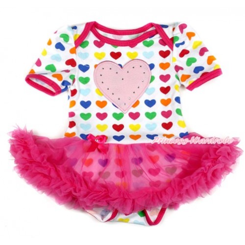 Rainbow Heart Baby Bodysuit Jumpsuit Hot Pink Pettiskirt with Light Pink Heart Print JS1720 