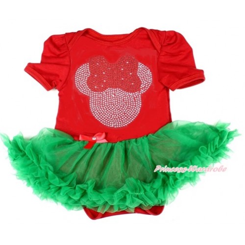 Xmas Red Baby Bodysuit Jumpsuit Kelly Green Pettiskirt with Sparkle Crystal Bling Red Minnie Print JS1837 