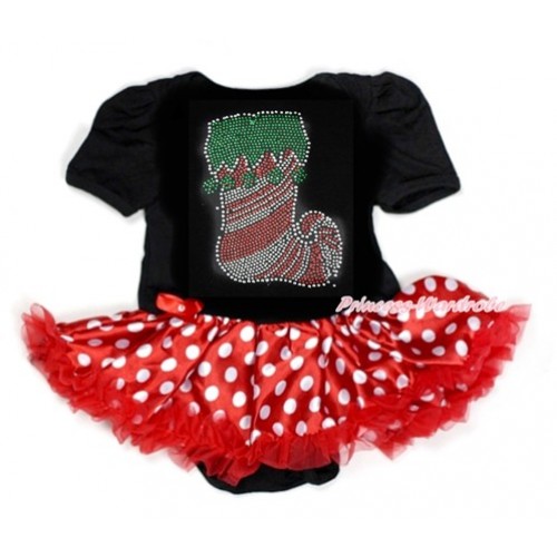 Xmas Black Baby Bodysuit Jumpsuit Minnie Dots Pettiskirt with Sparkle Crystal Bling Christmas Stocking Print JS1839 