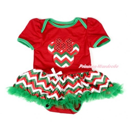 Xmas Red Baby Bodysuit Jumpsuit Red White Green Wave Pettiskirt with Red White Green Wave Minnie  Print JS1851 