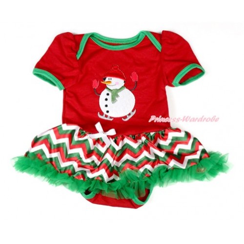 Xmas Red Baby Bodysuit Jumpsuit Red White Green Wave Pettiskirt with Ice-Skating Snowman Print JS1853 