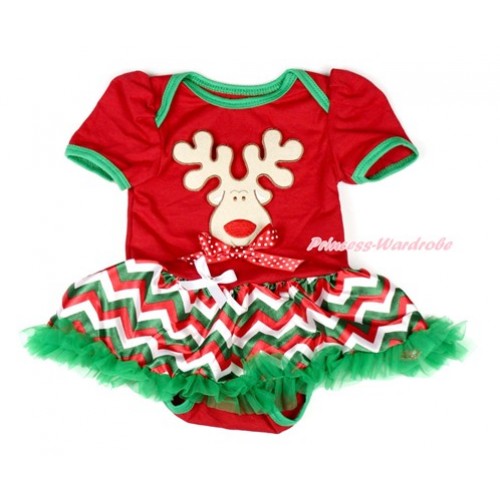 Xmas Red Baby Bodysuit Jumpsuit Red White Green Wave Pettiskirt with Christmas Reindeer Print & Minnie Dots Bow JS1854 