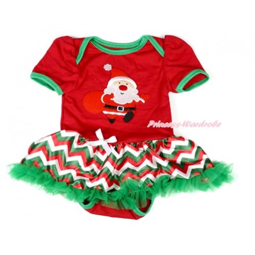 Xmas Red Baby Bodysuit Jumpsuit Red White Green Wave Pettiskirt with Gift Bag Santa Claus Print JS1855 