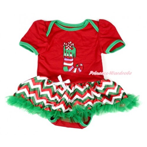 Xmas Red Baby Bodysuit Jumpsuit Red White Green Wave Pettiskirt with Christmas Stocking Print JS1858 