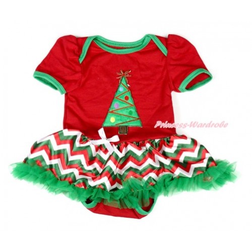 Xmas Red Baby Bodysuit Jumpsuit Red White Green Wave Pettiskirt with Christmas Tree Print JS1859 