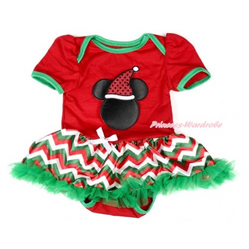 Xmas Red Baby Bodysuit Jumpsuit Red White Green Wave Pettiskirt with Christmas Minnie Print JS1860 