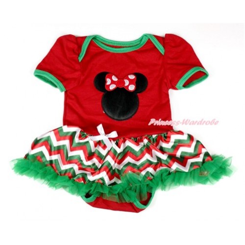 Xmas Red Baby Bodysuit Jumpsuit Red White Green Wave Pettiskirt with Minnie Print JS1861 