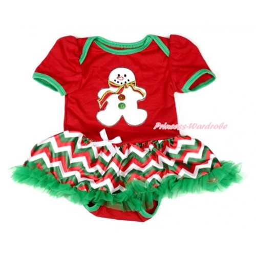 Xmas Red Baby Bodysuit Jumpsuit Red White Green Wave Pettiskirt with Christmas Gingerbread Snowman Print JS1862 