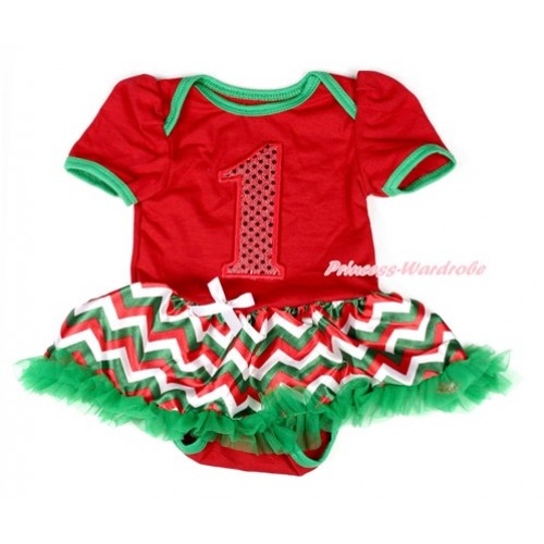 Xmas Red Baby Bodysuit Jumpsuit Red White Green Wave Pettiskirt with 1st Sparkle Red Birthday Number Print JS1864 