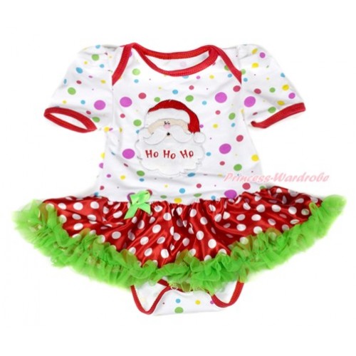 Xmas White Rainbow Dots Baby Jumpsuit Dark Green Minnie Dots Pettiskirt with Santa Claus Print JS1868 