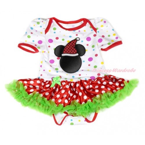 Xmas White Rainbow Dots Baby Jumpsuit Dark Green Minnie Dots Pettiskirt with Christmas Minnie Print JS1870 