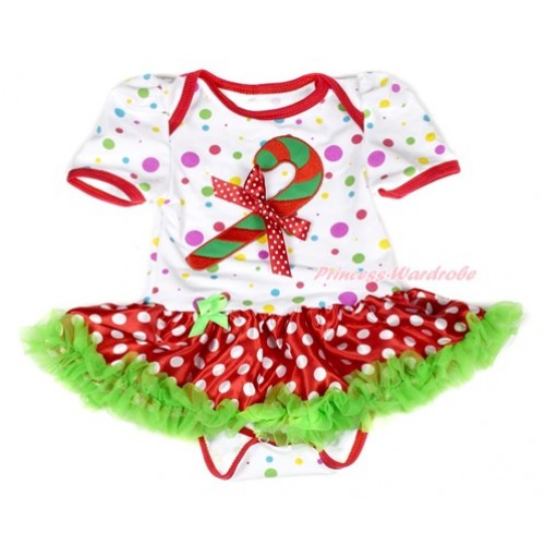 Xmas White Rainbow Dots Baby Jumpsuit Dark Green Minnie Dots Pettiskirt with Christmas Stick Print & Minnie Dots Bow JS1873 