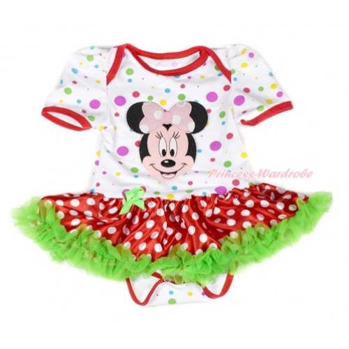 White Rainbow Dots Baby Jumpsuit Dark Green Minnie Dots Pettiskirt with Light Pink Minnie Print JS1874 