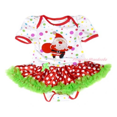 Xmas White Rainbow Dots Baby Jumpsuit Dark Green Minnie Dots Pettiskirt with Gift Bag Santa Claus Print JS1875 