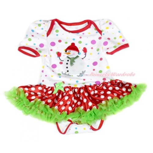 Xmas White Rainbow Dots Baby Jumpsuit Dark Green Minnie Dots Pettiskirt with Ice-Skating Snowman Print JS1876 