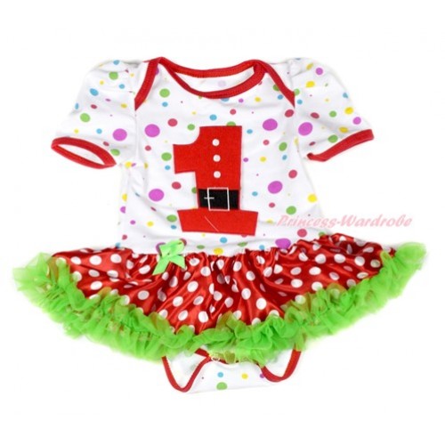 Xmas White Rainbow Dots Baby Jumpsuit Dark Green Minnie Dots Pettiskirt with 1st Santa Claus Birthday Number Print JS1878 