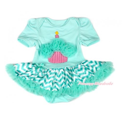 Aqua Blue Baby Bodysuit Jumpsuit Aqua Blue White Wave Pettiskirt with Aqua Blue Rosettes Birthday Cake Print JS1885 