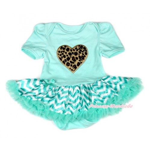 Aqua Blue Baby Bodysuit Jumpsuit Aqua Blue White Wave Pettiskirt with Leopard Heart Print JS1890 