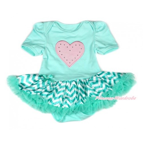 Aqua Blue Baby Bodysuit Jumpsuit Aqua Blue White Wave Pettiskirt with Light Pink Heart Print JS1891 