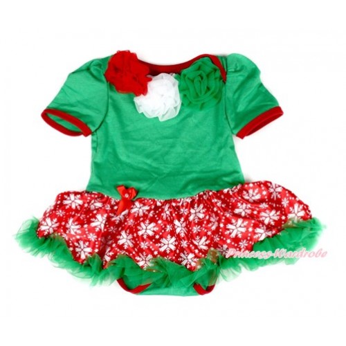 Xmas Kelly Green Baby Bodysuit Jumpsuit Red Snowflakes Pettiskirt with Red White Kelly Green Rosettes JS1965 