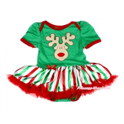 Xmas Kelly Green Baby Bodysuit Jumpsuit Red White Green Striped Pettiskirt with Christmas Reindeer Print JS1972 