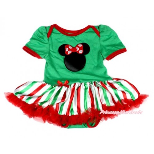 Kelly Green Baby Bodysuit Jumpsuit Red White Green Striped Pettiskirt with Minnie Print JS1973 