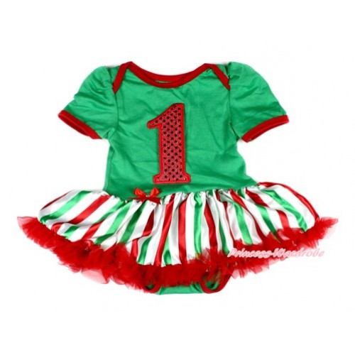 Xmas Kelly Green Baby Bodysuit Jumpsuit Red White Green Striped Pettiskirt with 1st Sparkle Red Birthday Number Print JS1981 