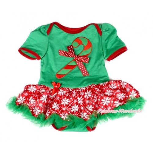 Xmas Kelly Green Baby Bodysuit Jumpsuit Red Snowflakes Pettiskirt with Christmas Stick Print & Minnie Dots Bow JS1983 