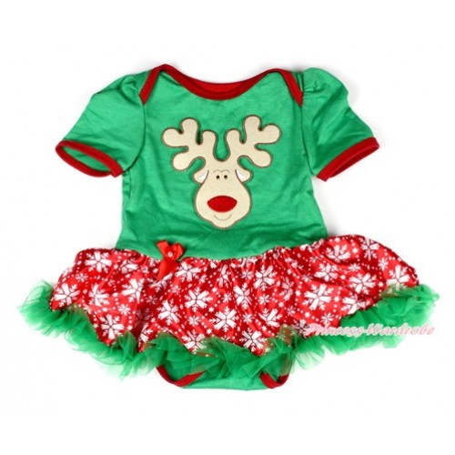 Xmas Kelly Green Baby Bodysuit Jumpsuit Red Snowflakes Pettiskirt with Christmas Reindeer Print JS1987 