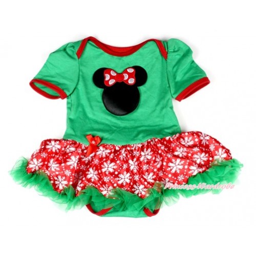 Kelly Green Baby Bodysuit Jumpsuit Red Snowflakes Pettiskirt with Minnie Print JS1988 