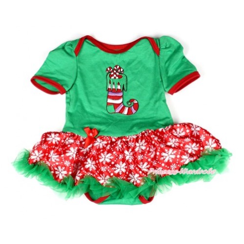 Xmas Kelly Green Baby Bodysuit Jumpsuit Red Snowflakes Pettiskirt with Christmas Stocking Print JS1990 