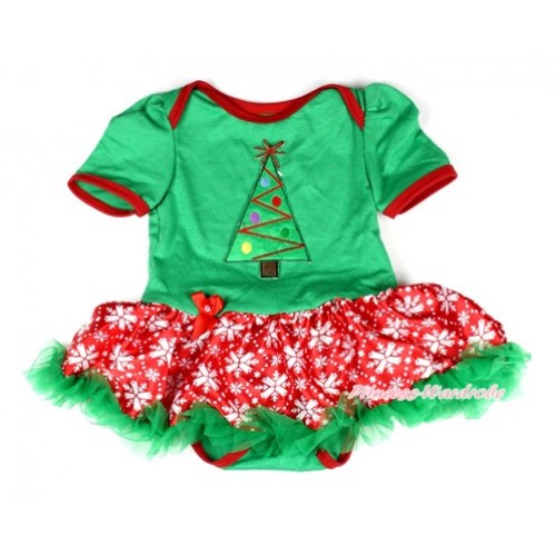 Xmas Kelly Green Baby Bodysuit Jumpsuit Red Snowflakes Pettiskirt with Christmas Tree Print JS1991 