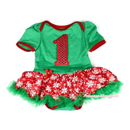 Xmas Kelly Green Baby Bodysuit Jumpsuit Red Snowflakes Pettiskirt with 1st Sparkle Red Birthday Number Print JS1992 